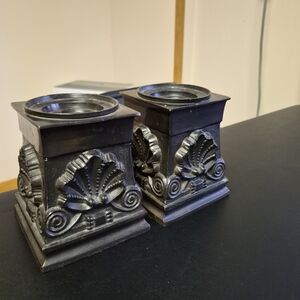 Antique Cast Bronze Pedestal Candle Holders Pair Neoclassical Shell Scroll